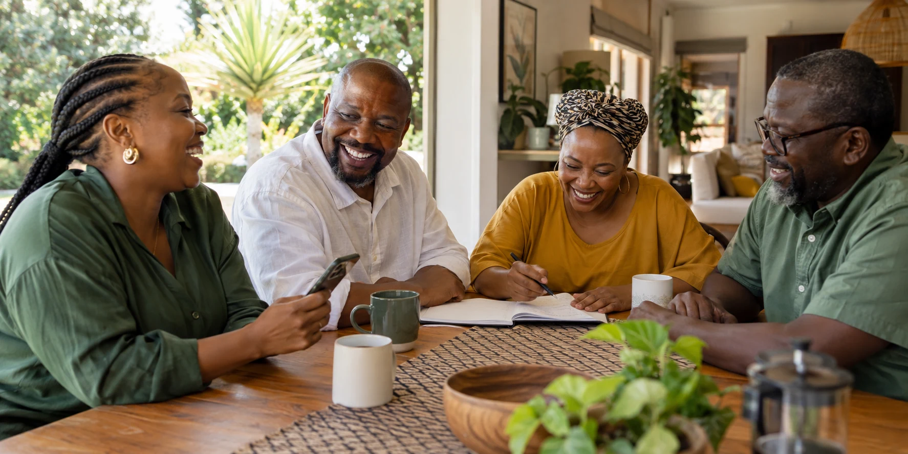 Four community members sharing a conversation around a table