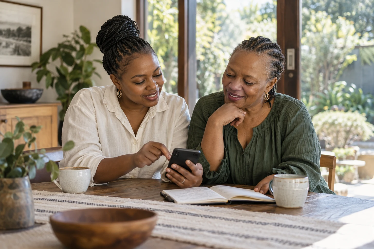 Two women reviewing a phone together at their community meeting